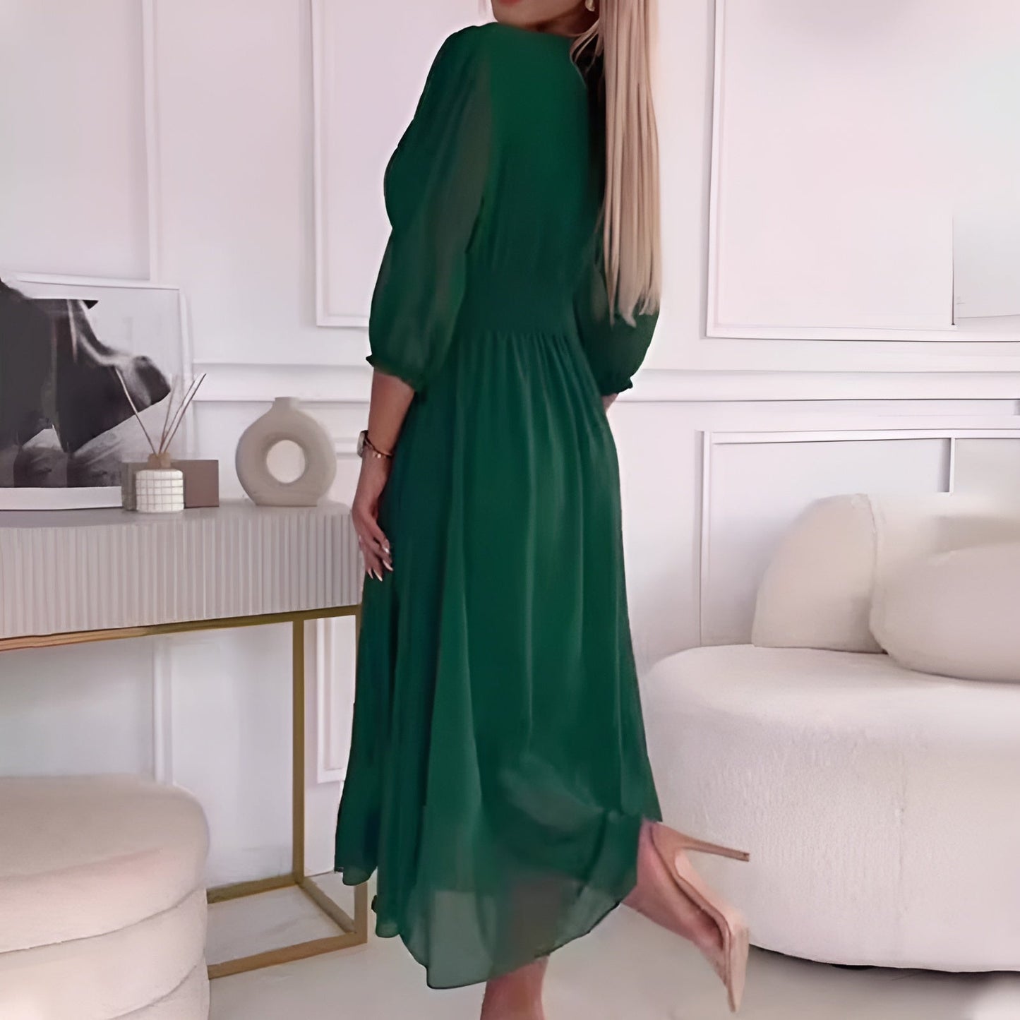 Classy V-neck Long Sleeves Midi Chiffon Dress