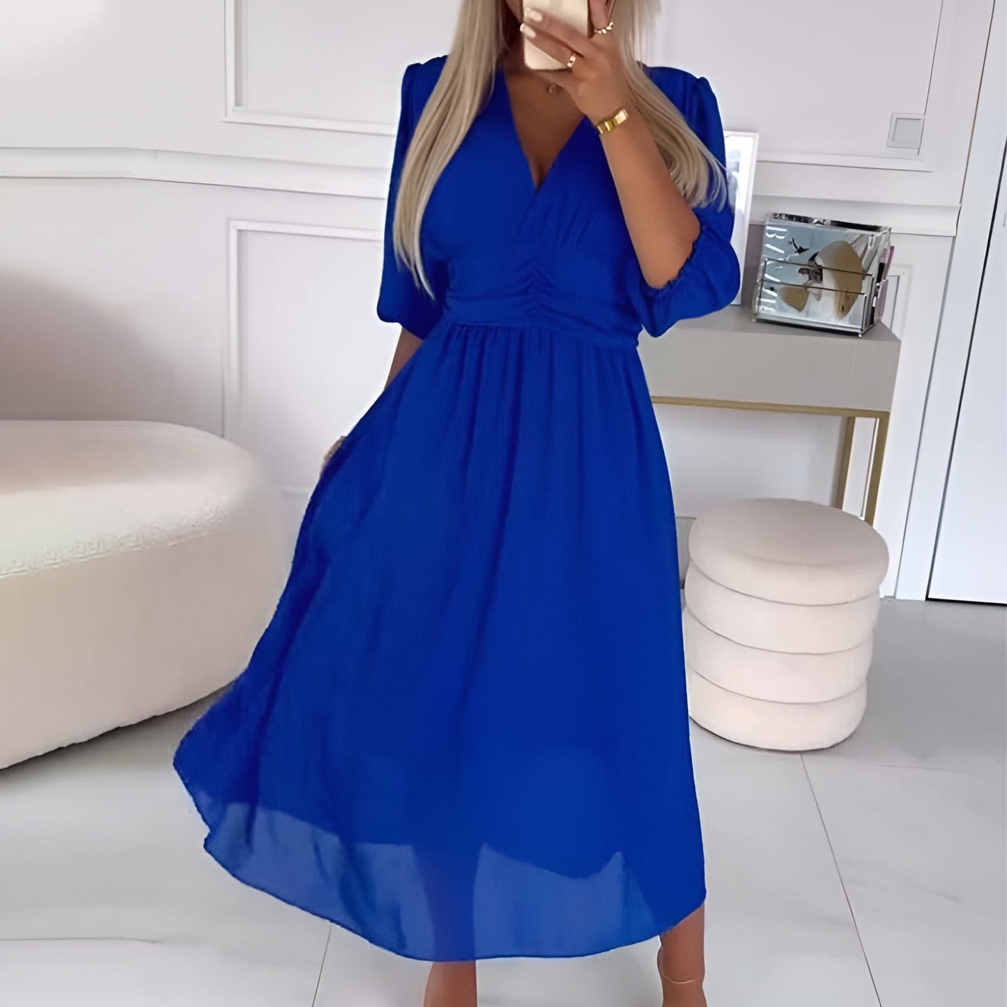 Classy V-neck Long Sleeves Midi Chiffon Dress